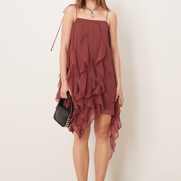 ASOS tie strap ruffle mini dress chocolate brown NWT size 10 - Picture 2 of 7